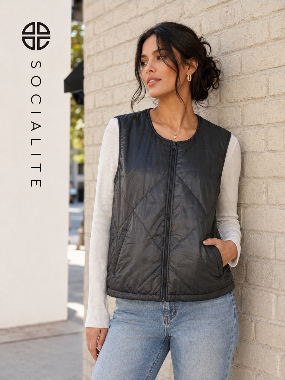Socialite Black Quilted Zip Vest
